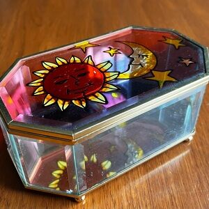 Source Unknown Glass Trinket Box with Sun and Moon Artwork - Red, Yellow, Gold